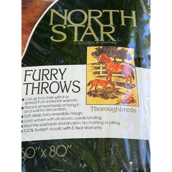 Vtg Horses Throw Blanket Furry North Star Thoroughbreds 60x80 Western Equestrian - Picture 9 of 10